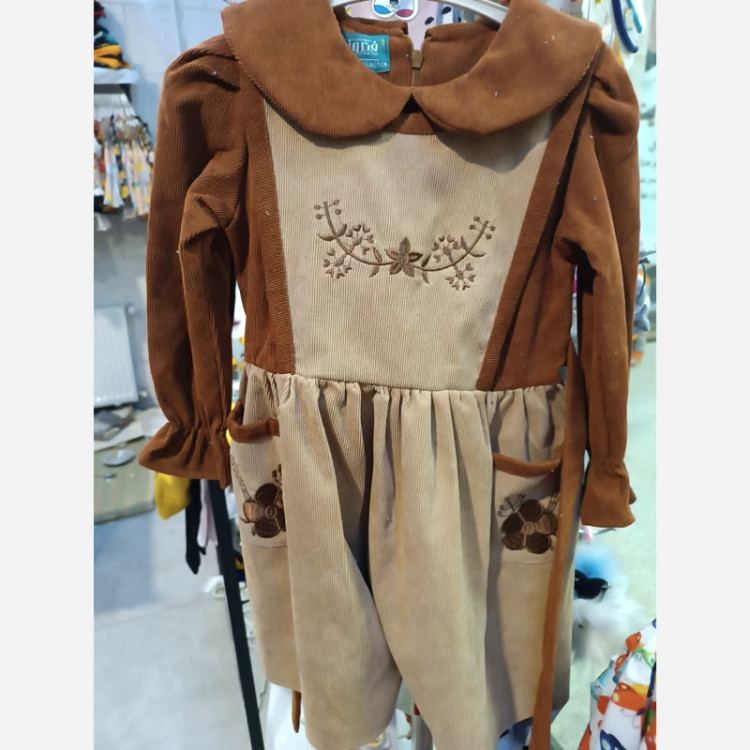 سارافون دخترانه کرم-قهوه ای